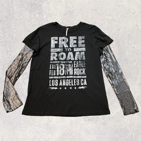 Free People Tops - Free People Backstage Graphic Sequins Tee Free To Roam Black Gray, Size S